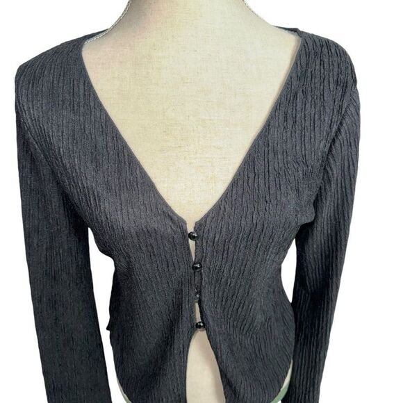 Solid Black Button Down Wide Sleeve Blouse Deep V Neck size L 8/10 stretchy - Picture 4 of 12